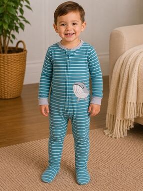 Carter's Teal Striped Footed Pajama One-Piece with Whale Applique